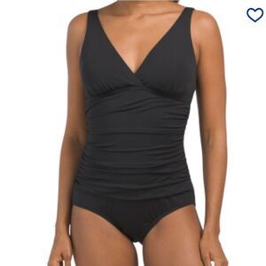 Jantzen Women's Black Shirred One-piece Deep V-neck Swimsuit Size 10
